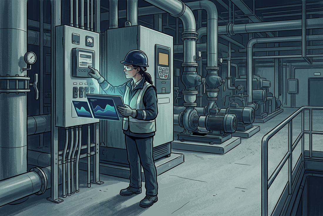 Illustration d’un audit énergétique industriel avec suivi des consommations et équipements de pompage et d’air comprimé.