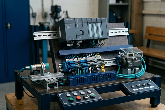 Illustration d’un banc pédagogique d’automatisme industriel avec automate programmable, capteur et actionneur.