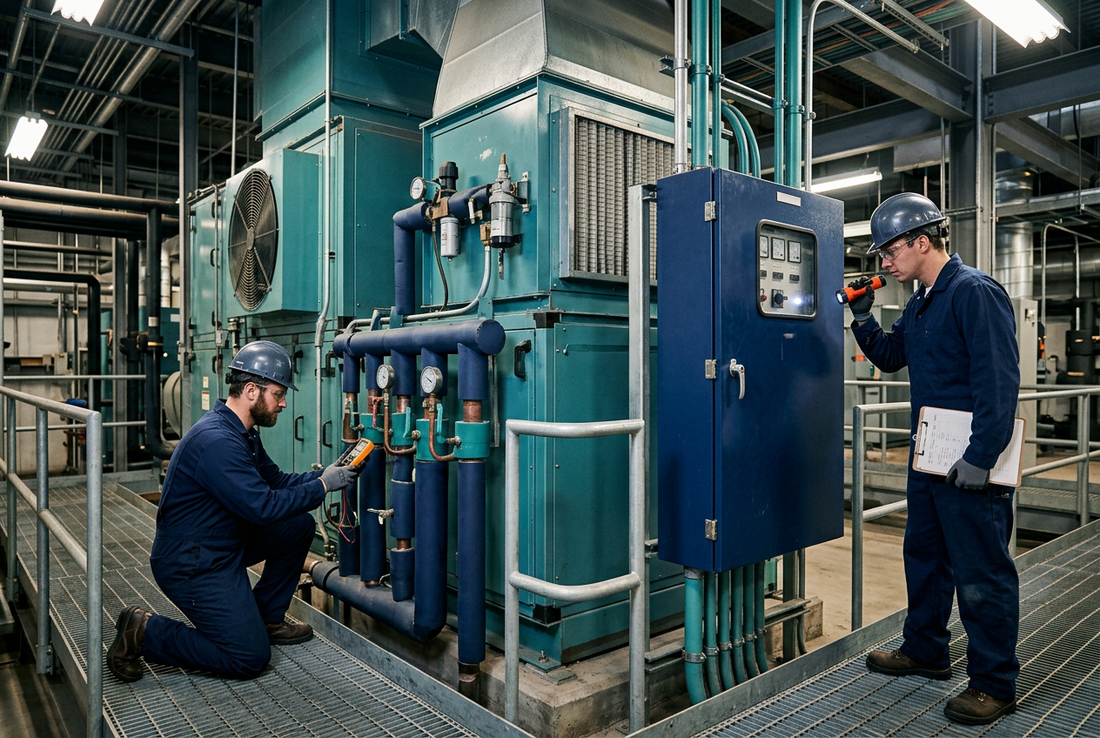 Illustration de maintenance multitechnique sur des équipements de ventilation et de commande électrique industriels.