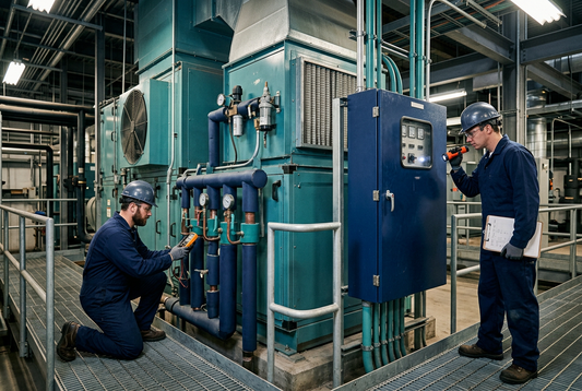 Illustration de maintenance multitechnique sur des équipements de ventilation et de commande électrique industriels.