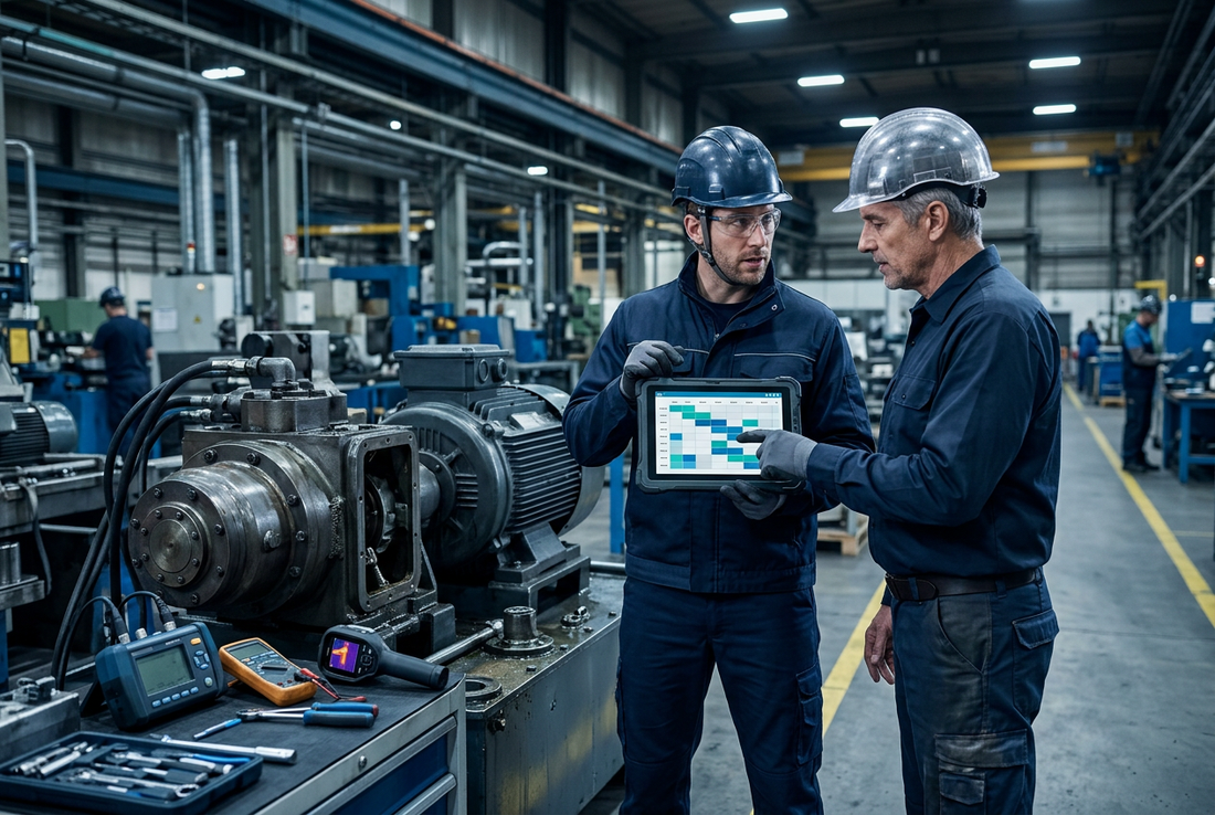 Illustration de la planification de maintenance industrielle autour d’une machine et d’outils de diagnostic.