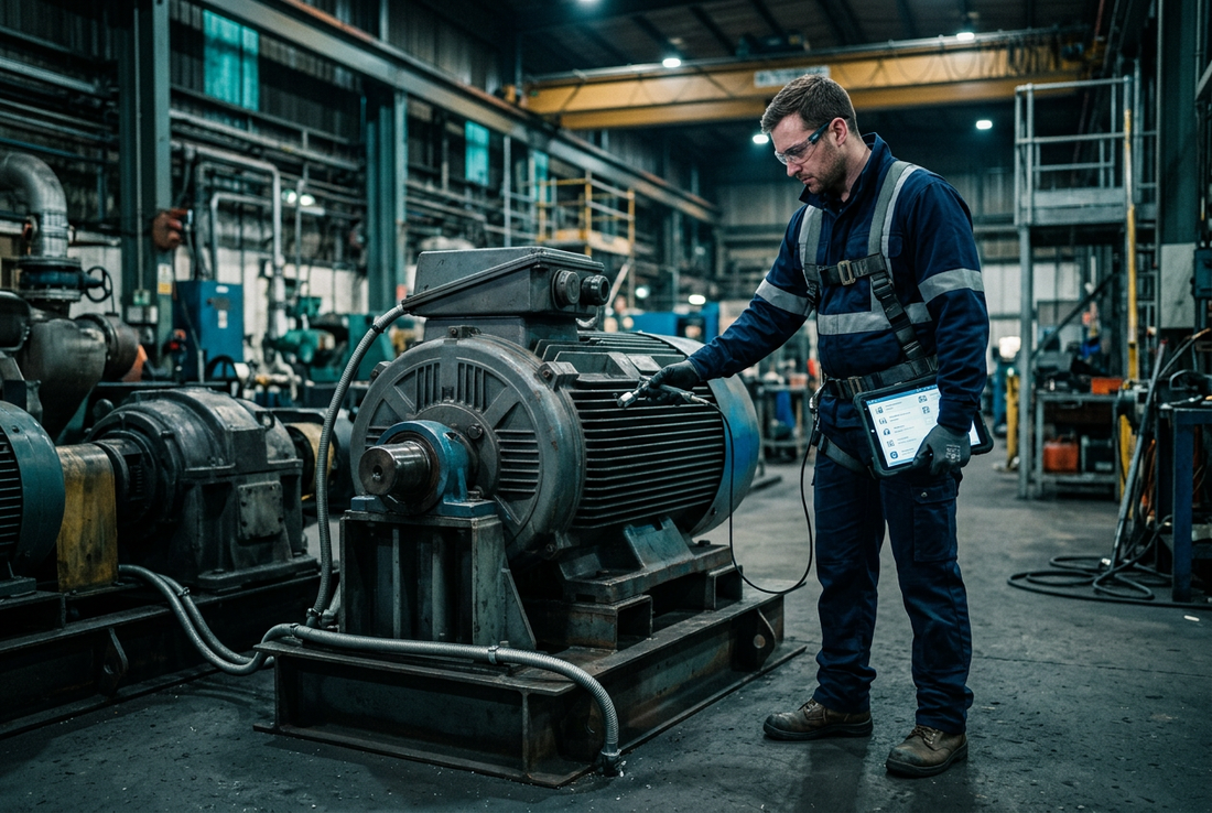 Illustration de maintenance préventive industrielle avec inspection d’un moteur et mesure vibratoire.