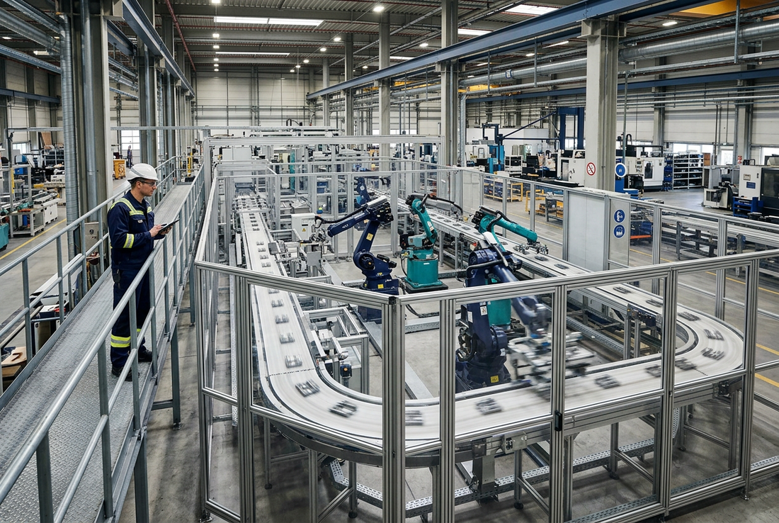 Illustration d’une ligne de production automatisée avec convoyeur et robots industriels en enceinte de sécurité.