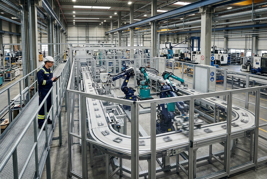 Illustration d’une ligne de production automatisée avec convoyeur et robots industriels en enceinte de sécurité.