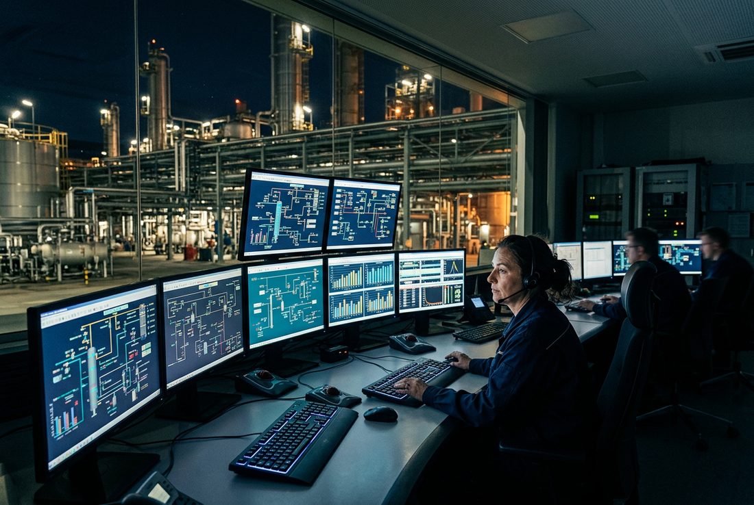 Illustration d’un opérateur dans une salle de supervision industrielle SCADA.