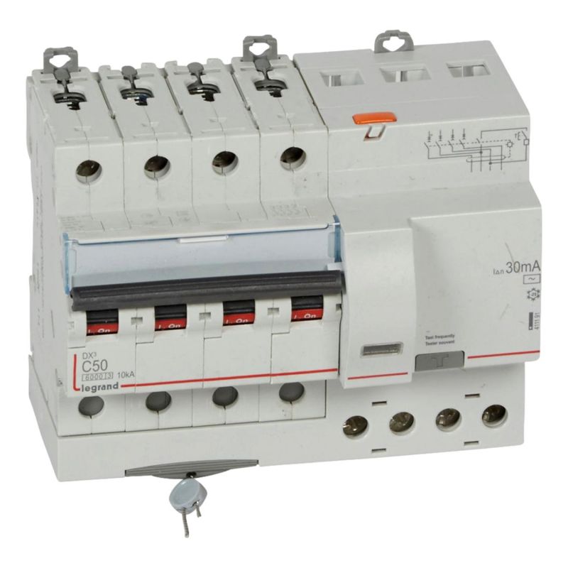 Legrand - DX3 6000 Monobloc RCCB 10kA top entry/bottom exit screw terminals 4P 50A type AC 30mA - Mfg. ref.: 411191