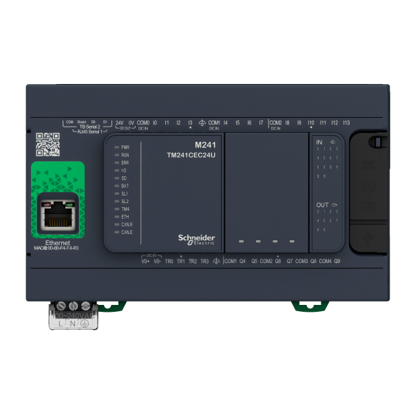Schneider Electric - Modicon M241, contrôleur 24E/S PNP+relais, ports Ethernet+2 série, 100/240VCA - Réf. Fab.: TM241CE24R