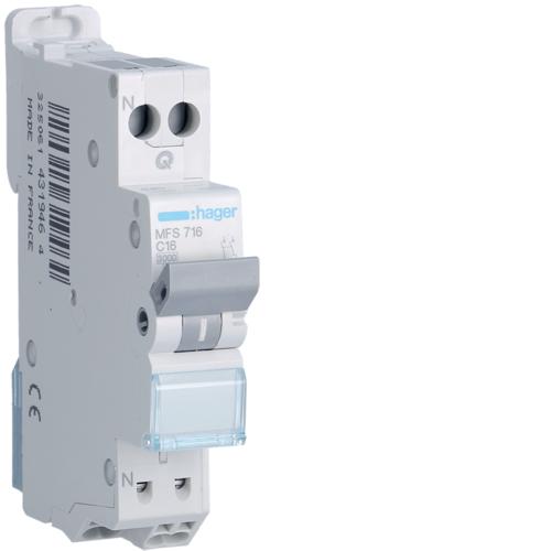 Hager - Disjoncteur Phase+ Neutre 16A 3kA Courbe C connexion automatique SanVis 1 Module - Réf. fab.: MFS716