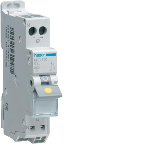 Hager - Disjoncteur Phase+ Neutre 20A 3kA Courbe C connexion automatique SanVis 1 Module - Réf. fab.: MFS720