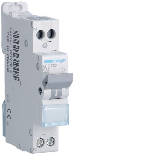 Hager - Disjoncteur Phase+ Neutre 32A 3kA Courbe C connexion automatique SanVis 1 Module - Réf. fab.: MFS732