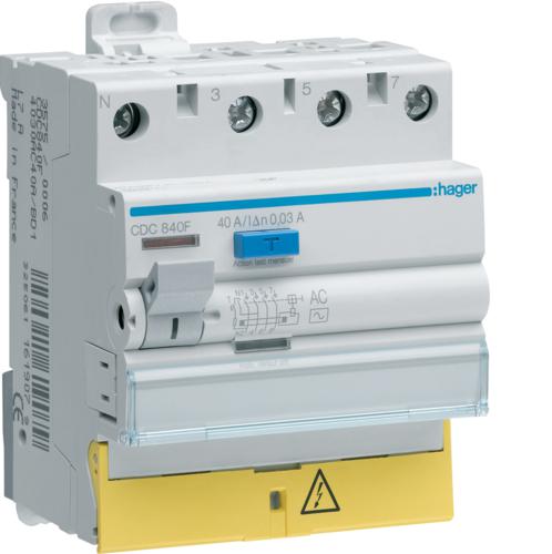 Hager - Interrupteur différentiel 40A 30mA 3P+N type AC à bornes décalées - Réf. fab.: CDC840F