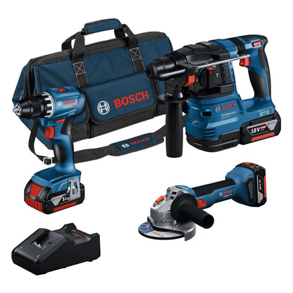 BOSCH - Lot 3 outils 18V : Perceuse - Meuleuse - Perforateur GSR 18V-45 + GWS 18V-8 + GBH 18V-22 + 3x GBA 18V 4.0Ah + GAL 18V-40 + sac - Réf. fab. : 0615A5007L