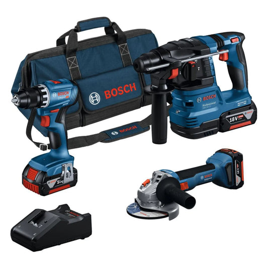 BOSCH - Lot 3 outils 18V : Perceuse - Meuleuse - Perforateur GSR 18V-45 + GWS 18V-8 + GBH 18V-22 + 3x GBA 18V 4.0Ah + GAL 18V-40 + sac - Réf. fab. : 0615A5007L