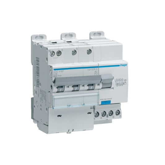 Hager - Disjoncteur Différentiel triphasé + neutre 6-10kA courbe C - 10A 30mA type AC - Réf. Fab.: ADC410F