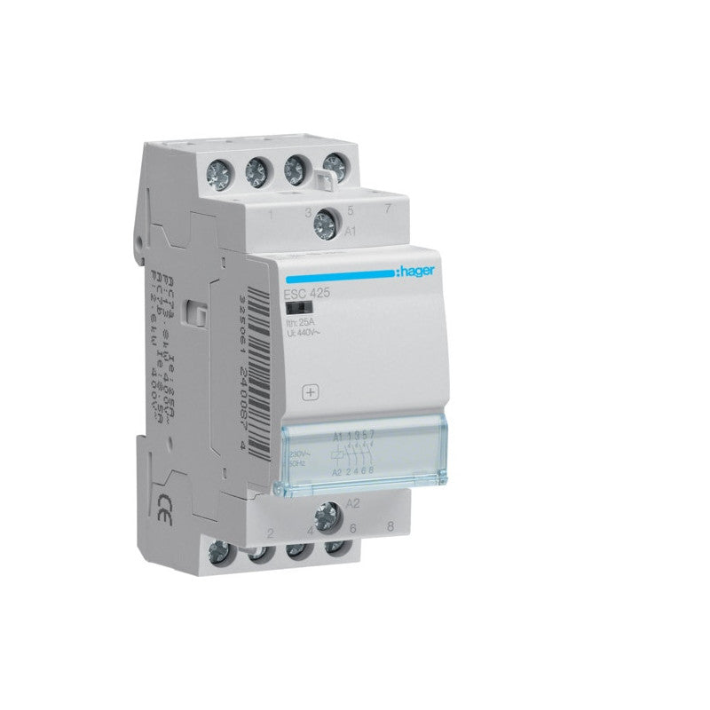 Hager - Contacteur modulaire de puissance 4NO - 25A - Bobine 230 Vac - Bornes à vis - 2 modules  - Réf. fab. : ESC425