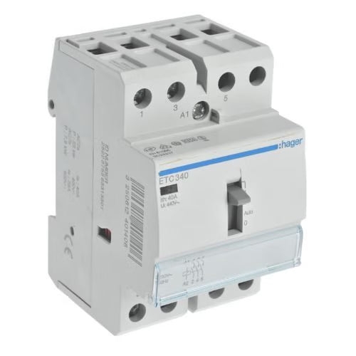 HAGER - Contacteur jour nuit triphasé 40A - 3NO - Bobine 230V - pour chauffe eau triphasé - Réf. fab.: ETC340
