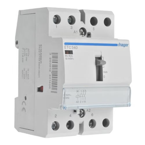 HAGER - Contacteur jour nuit triphasé 40A - 3NO - Bobine 230V - pour chauffe eau triphasé - Réf. fab.: ETC340