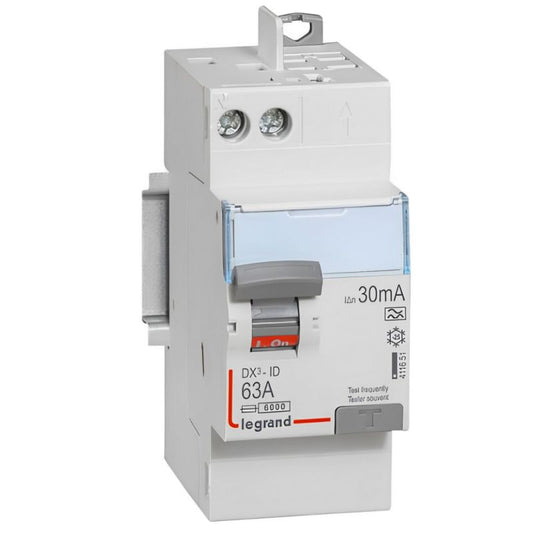 Legrand - Interrupteur différentiel DX3-ID haut vis/haut auto 2P 230V~ 63A A 30mA - 2 mod - Réf. fab.: 411651
