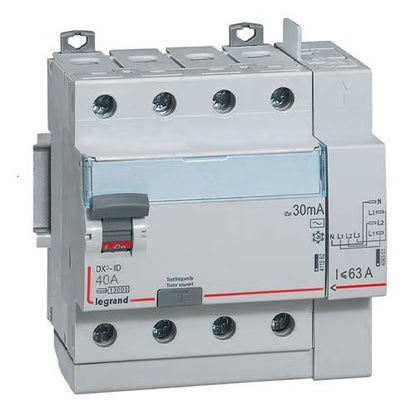 Legrand - Interrupteur différentiel DX3-ID haut vis/haut auto 4P 400V~ 40A AC 30mA - 5 mod - Réf. fab.: 411652