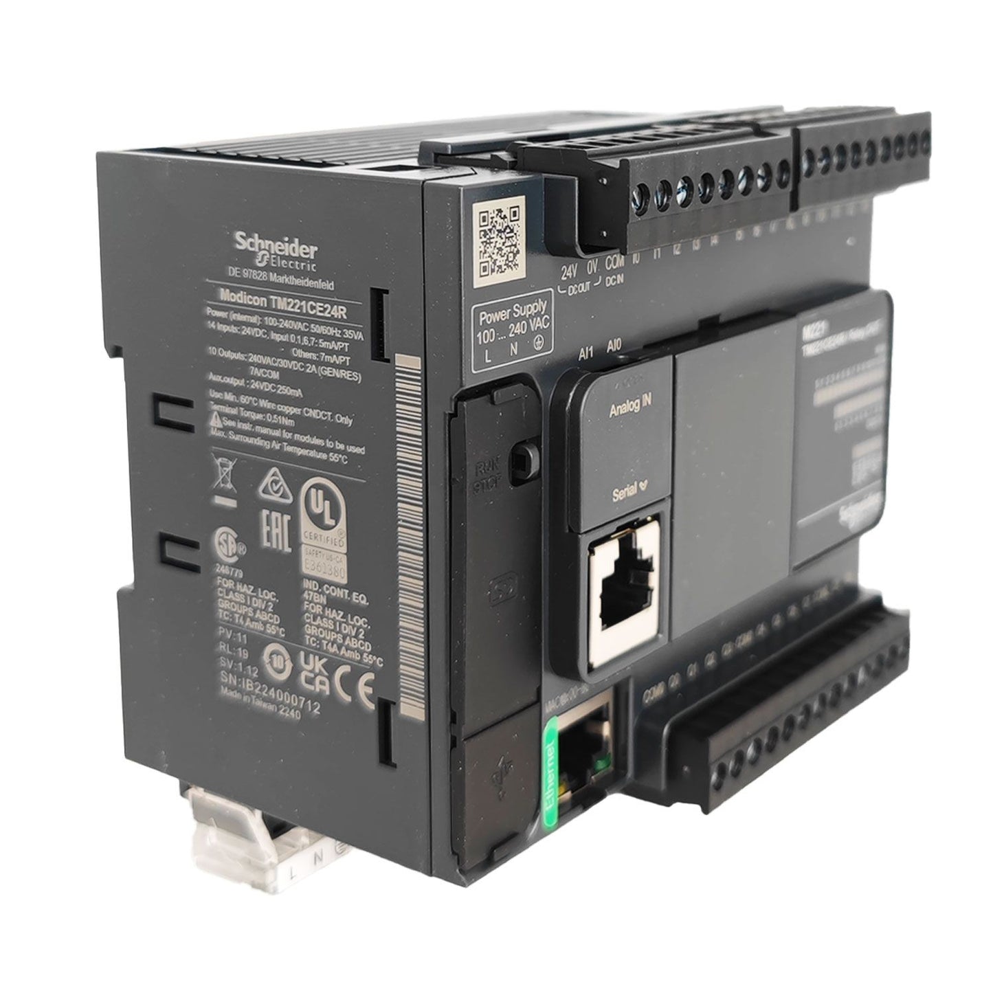 Schneider Electric - Modicon M221, 24 I/O relay controller, Ethernet+serial port, 100/240VAC - Mfg. Ref: TM221CE24R